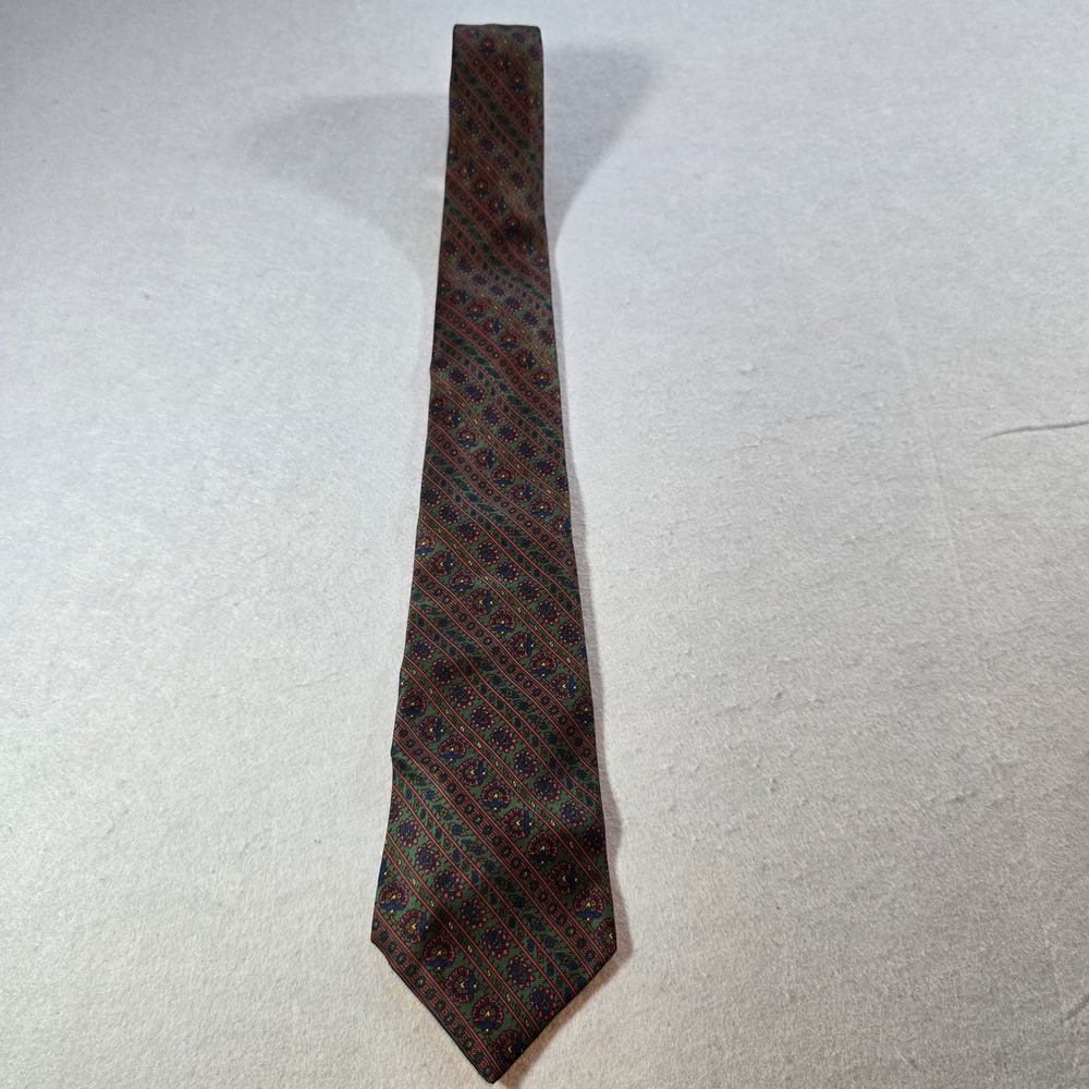 The Scotch House Mens Silk Tie Green Burgundy Medallion Stripe Made in UK